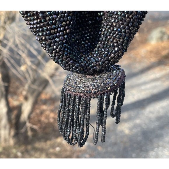 Antique Vintage 20th C.  Dark Iridescent Beaded Flapper Art Deco Glass Purse Bag - Picture 9 of 16